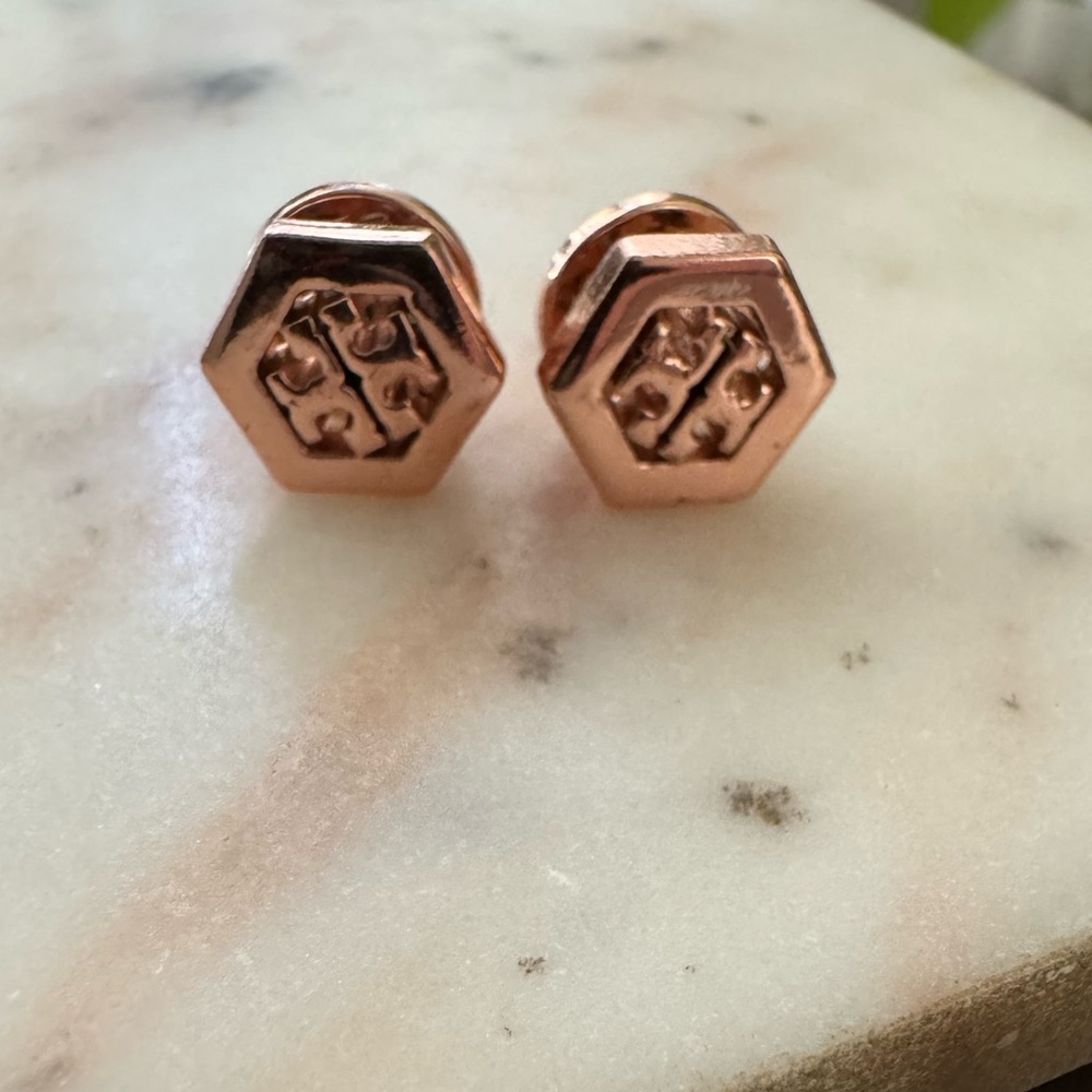 Tory Burch Rose Gold Stud Hex Logo Earrings - EUC